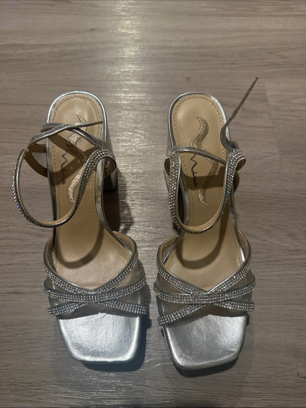 Silver Platform Strappy Heeled Sandals with Rhinestone Detail
